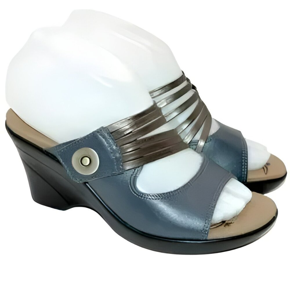 NEW Dromedaris Navy Blue Bronze Copper Leather Comfort Wedges Sandals 36 5.5-6